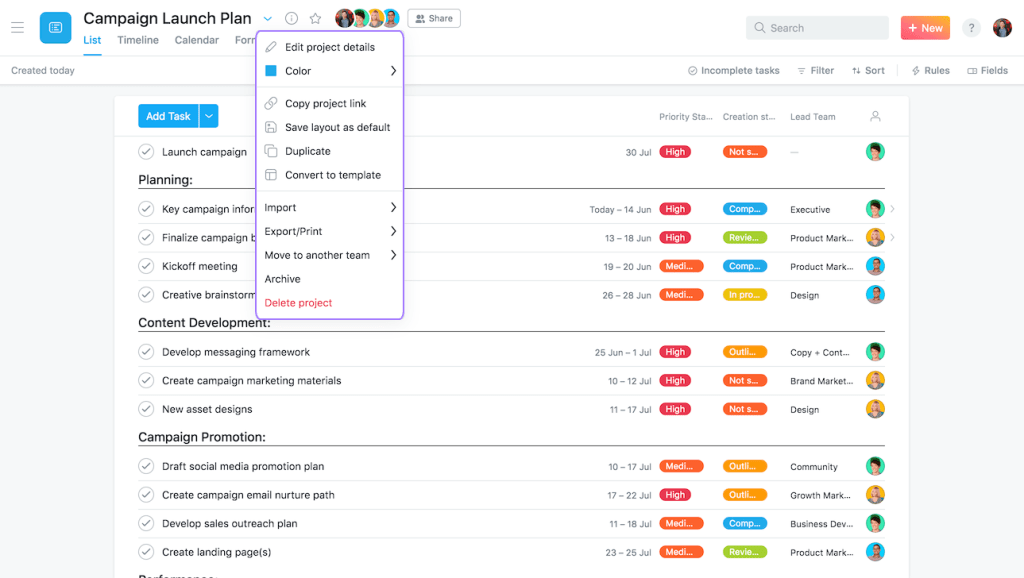 Project Actions Menu in Asana
